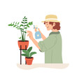 © Катерина Фирсова - Young woman sprays indoor potted plants. Colored concept of home gardening and houseplant care. Flat vector illustration highlights trend of nurturing greenery indoors isolated on white background
