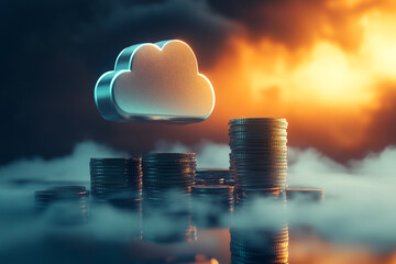 Aufkleber - A cloud above a stack of coins symbolizing the concept of cloud computing, finance, investment, and digital assets in a modern, innovative business context.