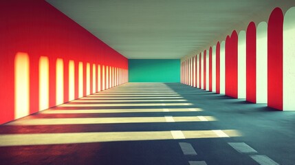 Poster - Abstract Architectural Interior: Red and White Columns in a Modern Parking Garage