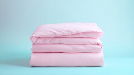 Aufkleber - Soft pink duvet cover pieces are neatly stacked, showcasing a minimalist style. The warm light highlights the fabric's texture, perfect for a calming bedroom decor