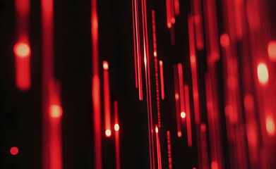 Poster - Crimson cascade, an abstract composition of vertically oriented red lights that evoke the feeling of falling rain in a nocturnal urban setting