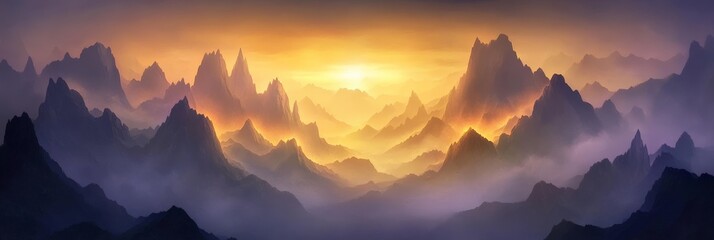 Poster - Golden hour sunlight illuminating majestic mountain peaks, creating a breathtaking scene as mist swirls through the valley, enhancing the landscape's ethereal beauty