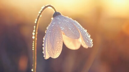 Poster - Sparkling droplets of dew cling to a delicate white flower, its stem gracefully bending under their weight as the warm golden light of a setting sun bathes the scene in a soft glow