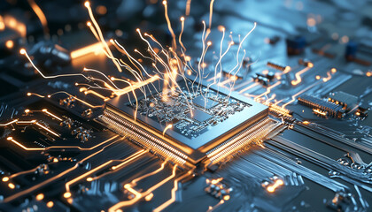 Wall Mural - A sleek metal backdrop with a levitating circuit board.  Generative AI.