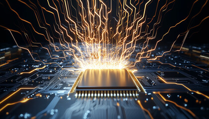 Wall Mural - A sleek metal backdrop with a levitating circuit board.  Generative AI.