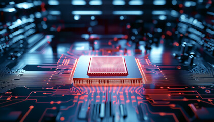 Wall Mural - A sleek metal backdrop with a levitating circuit board.  Generative AI.