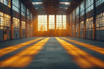 Wall Mural - spacious and dark hall filled with potential with shadows playing across the walls suited for storag