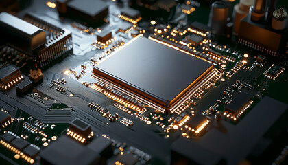 Wall Mural - A sleek metal backdrop with a levitating circuit board.  Generative AI.