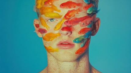 Wall Mural - A young male model with vibrant fish artfully placed on his face, showcasing a colorful, surreal concept against a blue background, symbolizing creativity and freedom