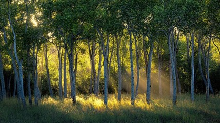 Wall Mural - sunlight filtering through trees creating golden hour forest scene