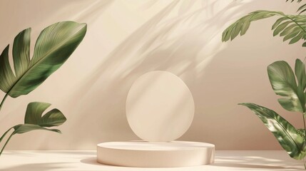 Poster - A beautifully crafted geometric podium serves as the perfect stage for cosmetic product display. Complemented by vibrant green leaves, the serene beige backdrop enhances the aesthetic appeal