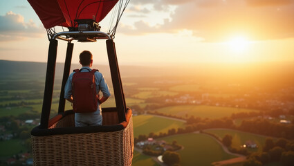 Young caucasian male enjoying hot air balloon ride at sunset over scenic landscape