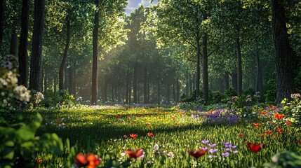 Wall Mural - sunlight filters through dense trees casting a golden glow on a vibrant meadow