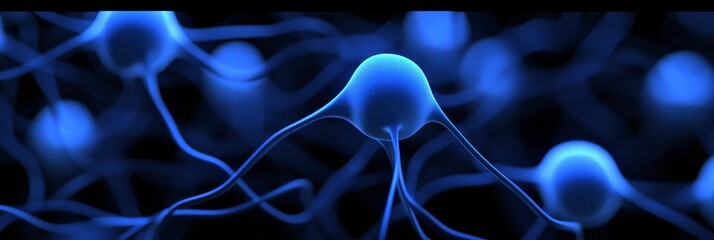 Poster - Blue Network Nodes Connecting on a Dark Background, Representing Neural Activity or Technology