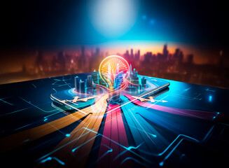 Poster - Futuristic city hologram is projected from a mobile phone, displaying a vibrant cityscape with glowing buildings and roads on a digital surface.