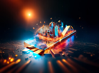 Aufkleber - A glowing futuristic city skyline emerges from a smartphone screen on a dark backdrop. Neon lights illuminate the vibrant buildings of the cityscape.