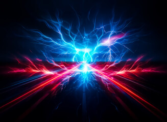 Poster - A vibrant digital artwork features glowing blue and red energy streams expanding from a bright center against a dark backdrop, creating a dynamic and abstract visual.