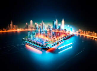 Poster - A miniature futuristic city rests on a smartphone, glowing with vibrant city lights. The scene depicts a connected world, merging technology and urban architecture in a digital age context.