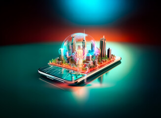 Poster - A miniature vibrant city with tall buildings is positioned on a reflective smartphone, set against a dramatic, colorful background with bright lighting.