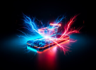 Poster - A glowing shopping cart icon sits atop a neon lit smartphone against a dark backdrop.  Illuminated in red and blue, it evokes online commerce and digital retail concepts.