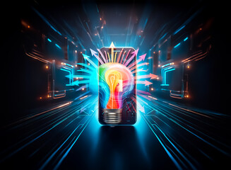 Poster - A smartphone displays a golden padlock icon on screen, illuminated by blue and orange digital lines against a dark background, representing technology and security.