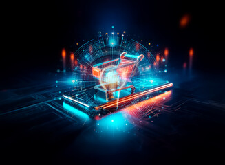 Poster - Futuristic digital retail concept. A glowing shopping cart sits atop a smartphone, bathed in neon light in a dark, tech-infused environment.