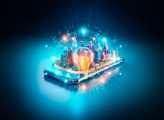 Poster - A vibrant miniature city rests atop a sleek mobile phone, bathed in a cool blue light.  Skyscrapers and colorful buildings create a futuristic urban landscape on a digital device.