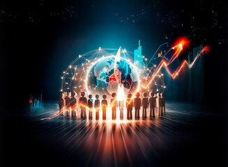 Poster - A group of silhouetted figures encircles a glowing world globe.  A network of light connects them, symbolizing global unity and digital connection in a dark space.