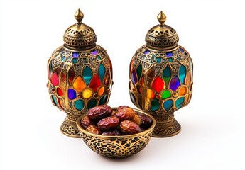 Wall Mural - Ramadan lanterns, dates, bowl, celebration, white background, holiday