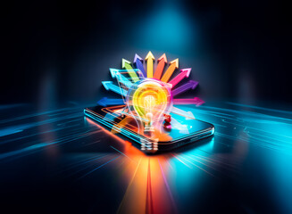 Aufkleber - A radiant light bulb emits colorful arrows in every direction, representing bright ideas and innovative solutions in a dark setting.