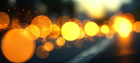 Wall Mural - Abstract Golden Bokeh Lights Background With Copy Space, Out of Focus City Lights At Night