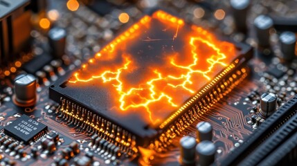 Poster - Overheating CPU, computer circuit board, glowing energy, technology