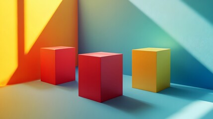 Fototapete - Low-poly style objects float in a minimalist space with three red cubes on a blue wall in modern creative design