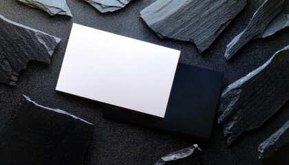 Poster - minimalist black and white business cards on textured black stone background for branding or graphic design mockup

