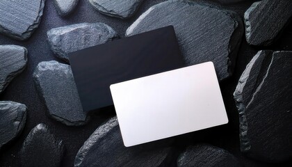 Poster - minimalist black and white business cards on textured black stone background for branding or graphic design mockup

