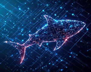 Poster - Digital-style shark outlined with glowing circuitry in a cyber-ocean concept