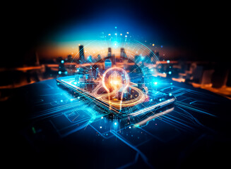 Poster - A glowing light bulb surrounded by digital, circular elements on a dark background. It evokes concepts of bright ideas, technological innovation, and futuristic connections.
