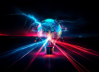 Poster - A luminous light bulb emits vibrant, colorful energy with intricate circuitry designs, set against a stark dark background, representing innovation and bright ideas.
