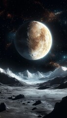 Wall Mural - space exploration landscape a half-lit moon hangs low over a desolate, icy alien world.
