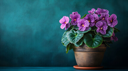 Poster - A vibrant pot of purple flowers sits against a rich teal background, showcasing the beauty of nature in a simple, elegant display