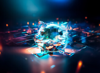 Fototapete - A single puzzle piece glows brightly on a dark, reflective surface with illuminated circuit board elements suggesting a technological concept.