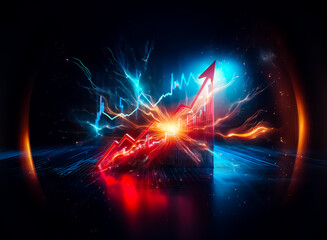 Poster - A vibrant red arrow dramatically ascends, symbolizing positive progress and market growth. The futuristic graph glows against a dark backdrop, suggesting financial success and upward trends.