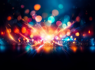 Aufkleber - A vibrant bokeh background featuring blurred lights in shades of orange, blue, red, purple, yellow, and green, creates a festive and celebratory atmosphere with a dark backdrop.