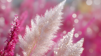 Aufkleber - Soft, shimmering plumes of pink and white pampas grass glisten against a blurred, colorful background, creating a dreamy, ethereal effect