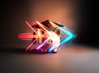 Poster - A vibrant neon arrow streaks across a stark black backdrop, radiating with dynamic energy.  Its colorful, glowing lines suggest forward motion and direction, creating a visually striking and modern gr