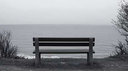 Poster - A solitary bench overlooks a calm sea, surrounded by muted greenery, creating a serene and contemplative atmosphere