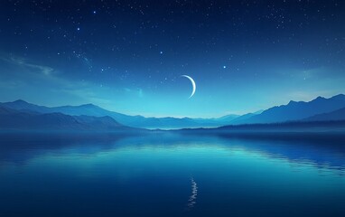 Wall Mural - Crescent moon over serene mountain lake at night (2)