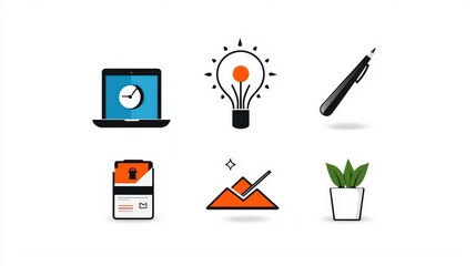 Poster - A clean and simple business icon pack in monochrome, featuring flat design elements with bold outlines on a neutral background.