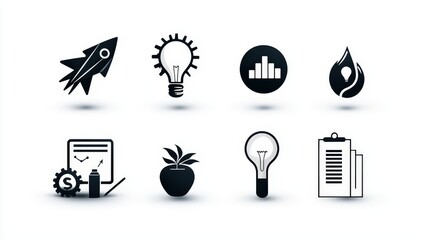 Poster - A clean and simple business icon pack in monochrome, featuring flat design elements with bold outlines on a neutral background.