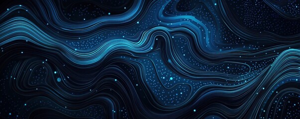 Poster - Abstract Blue Waves Flowing Dynamically with Glowing Particles: Digital Art Background
